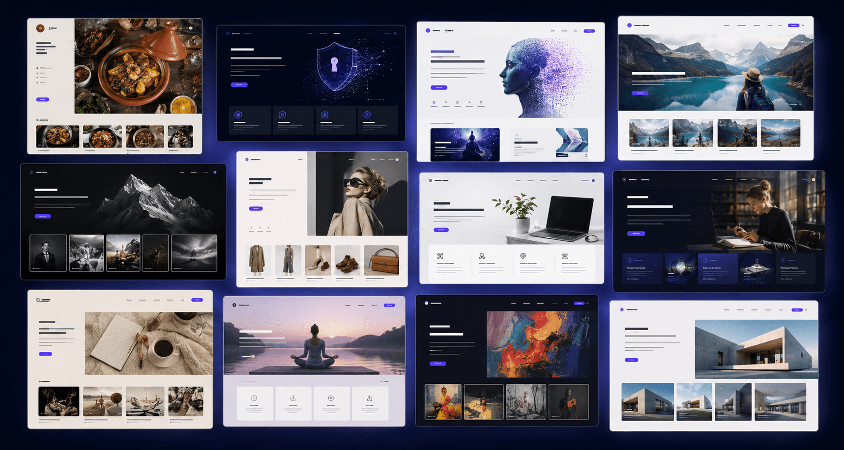 A gallery of professional BuildYourBlogs designs for food, technology, travel, fashion, education, wellness, art and architecture blogs